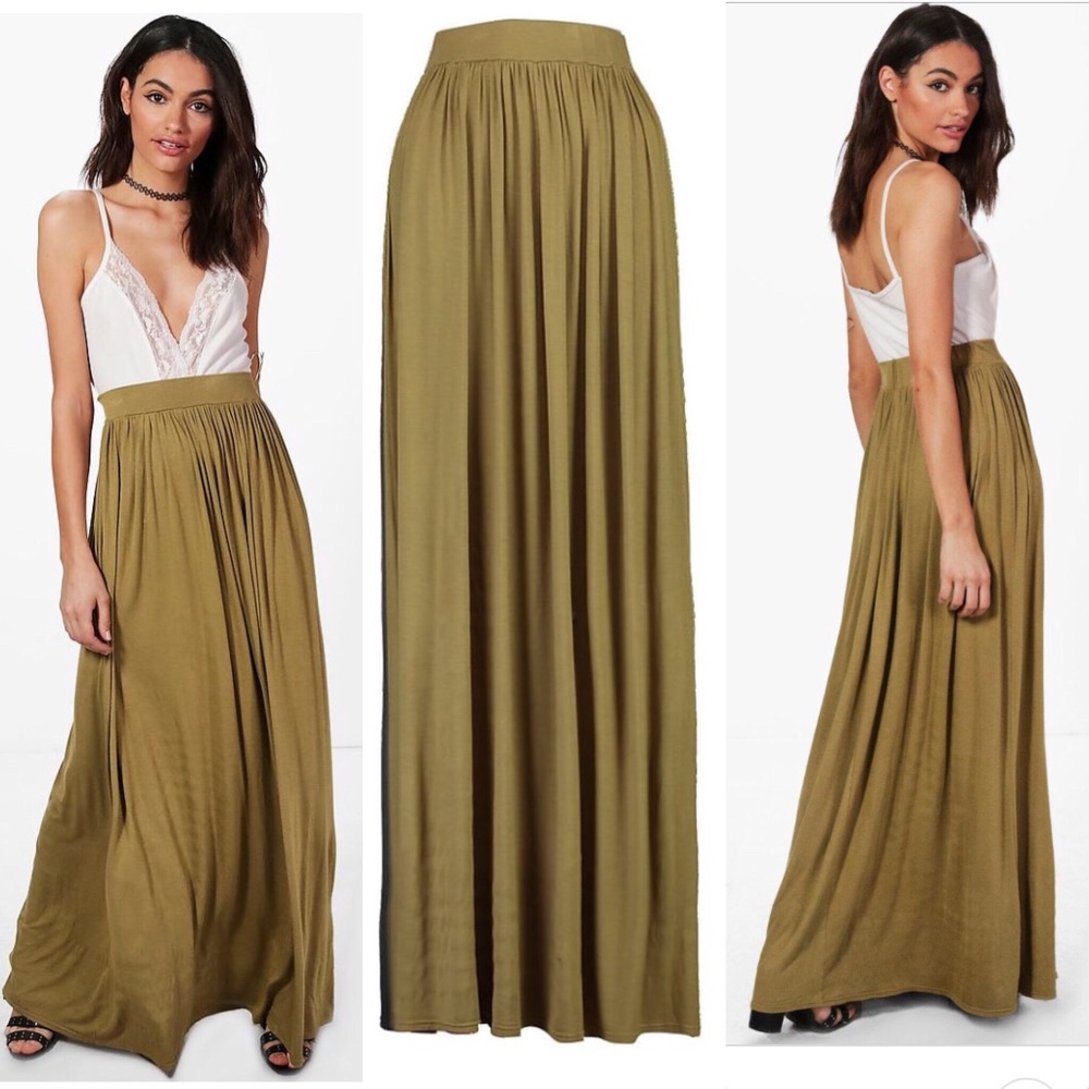 Boohoo high waisted olive green maxi skirt